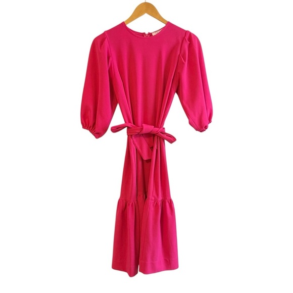 Adina Las Vegas 3/4 Puff Sleeve Belted Ruffle Hem Dress Hot Pink Women’s Small - Picture 1 of 7
